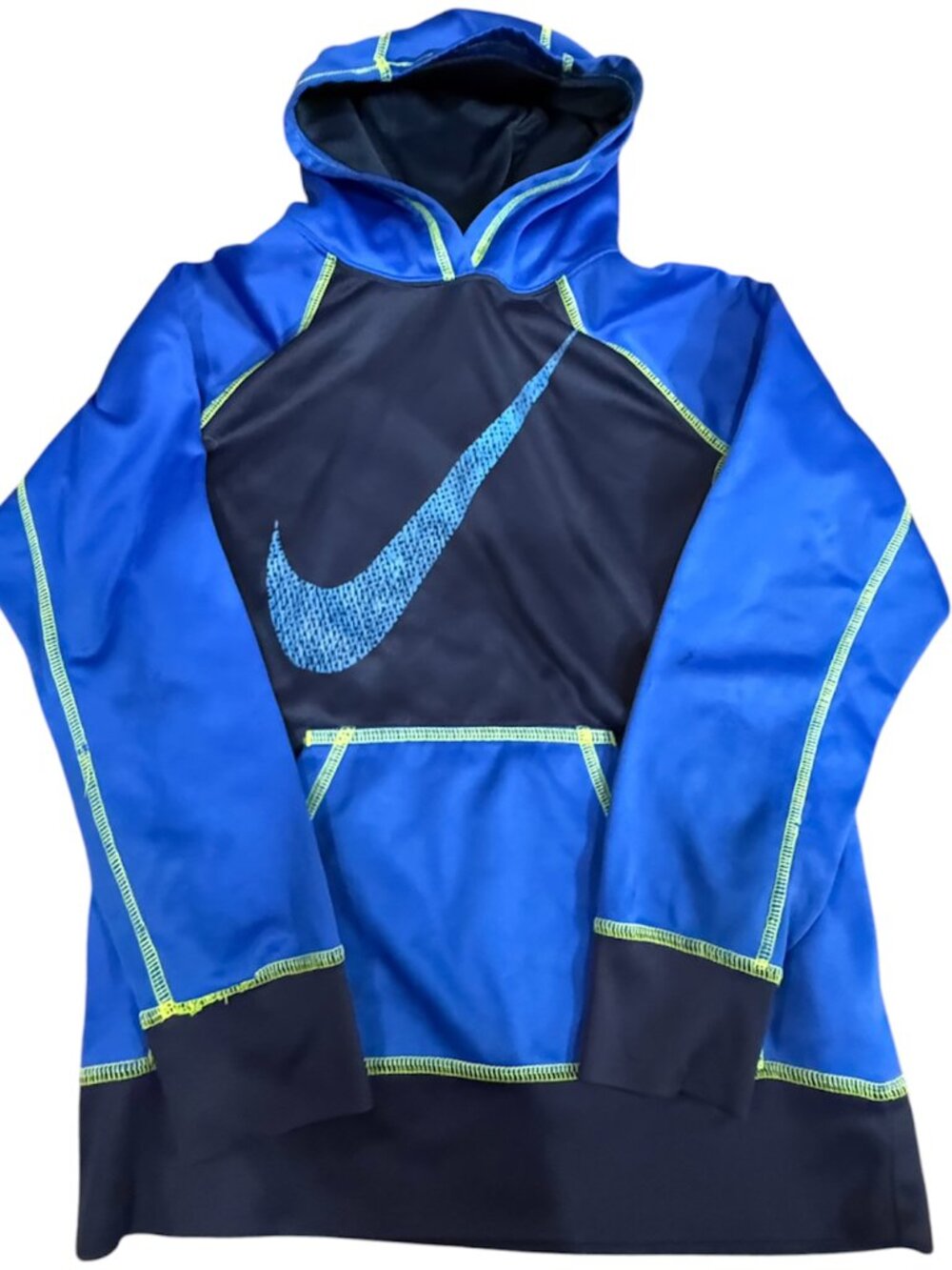 Nike Therma-FIT Youth Large Blue Black Pullover Hoodie Neon Swoosh